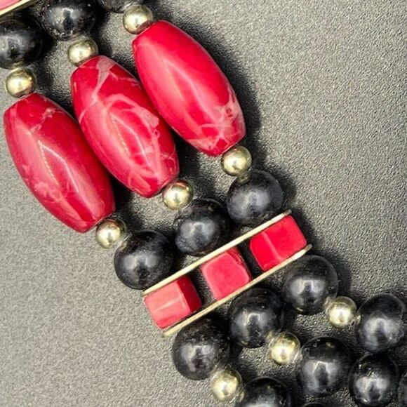 Vintage 3 strand necklace in choker length, real agate and onyx with gold, EUC - Picture 4 of 16